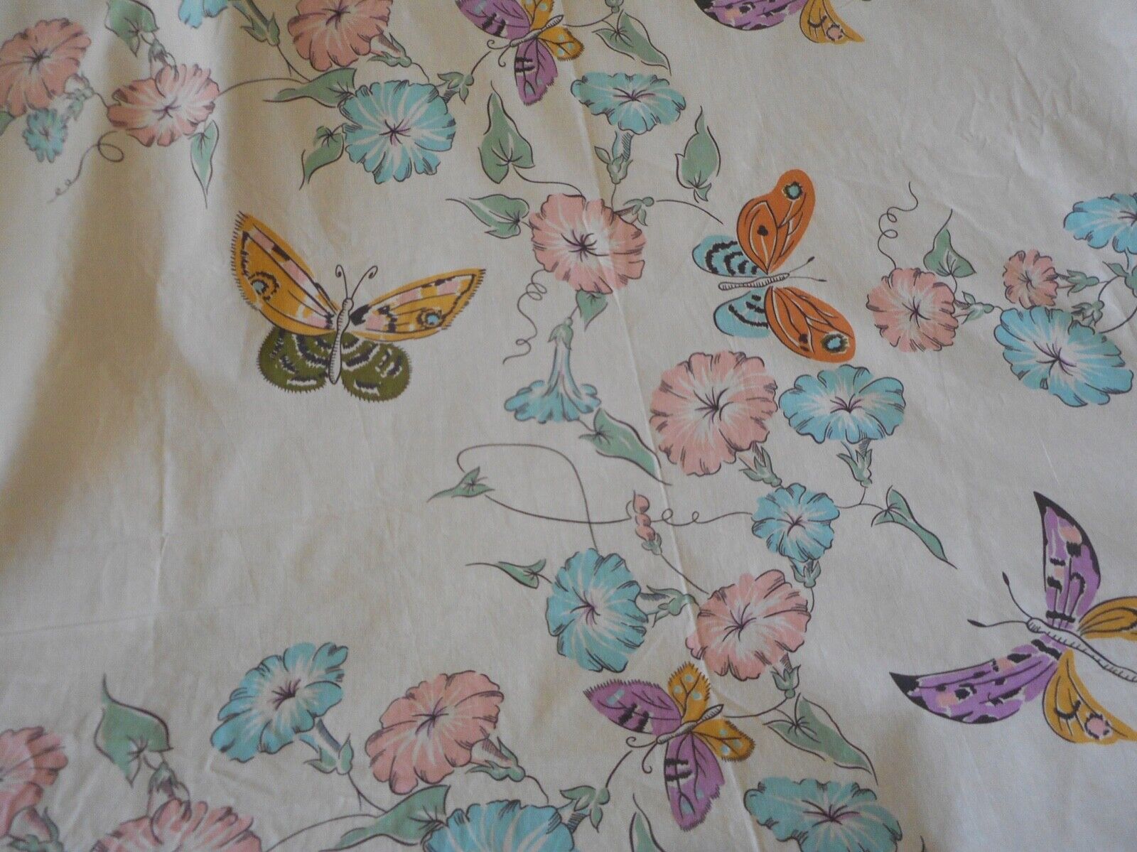 Vintage Morning Glory Floral Butterfly Cotton Fabric ~Pink Aqua Lavender Orange