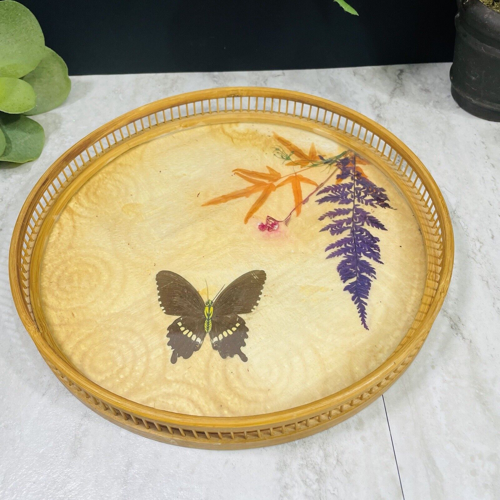 Vintage Butterfly Vanity Tray 1970’s Rattan Pressed Flowers & Pressed Monarch