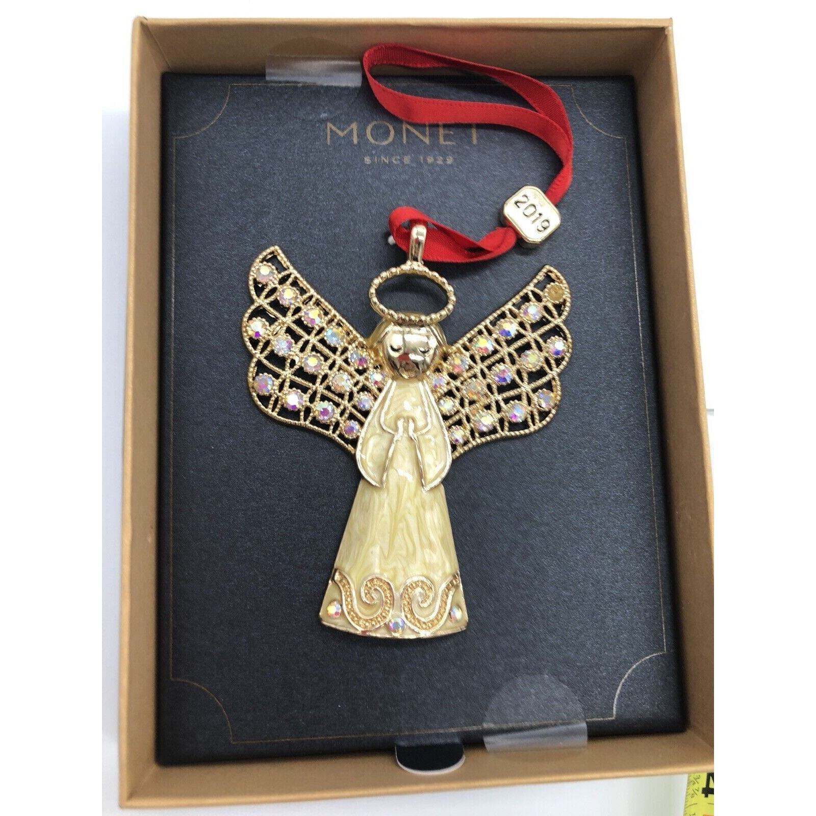Monet Christmas Angel Ornament Iridescent Gold Tone w/Rhinestones New in Box