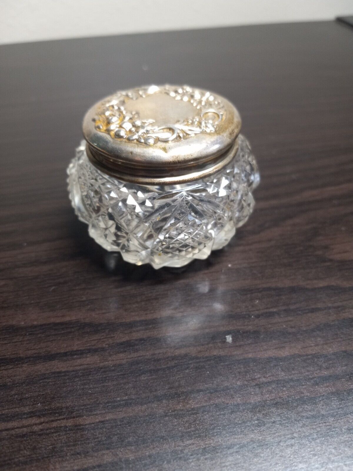 Antique Cut Glass Vanity Dresser Jar w Floral Design Sterling Silver Lid Marked