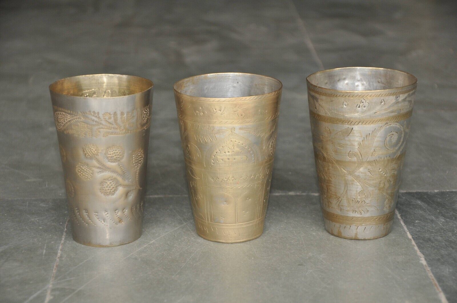 3 Pc Vintage Solid Heavy Handcrafted Inlay Engraved Brass Lassi / Milk Glasses