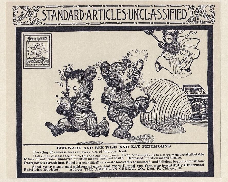 AD PETTIJOHN CEREAL Antique American Breakfast Bear & Beehive 1901 8x10\