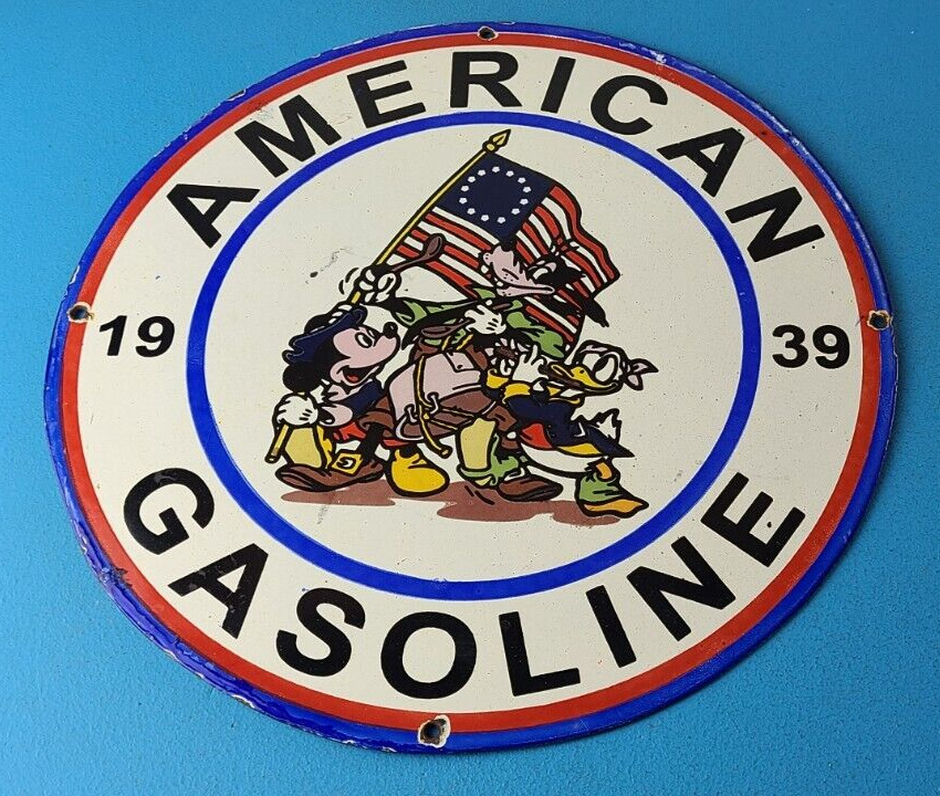 Vintage American Gasoline Porcelain Sign - Mickey Goofy USA Gas Pump Plate Sign