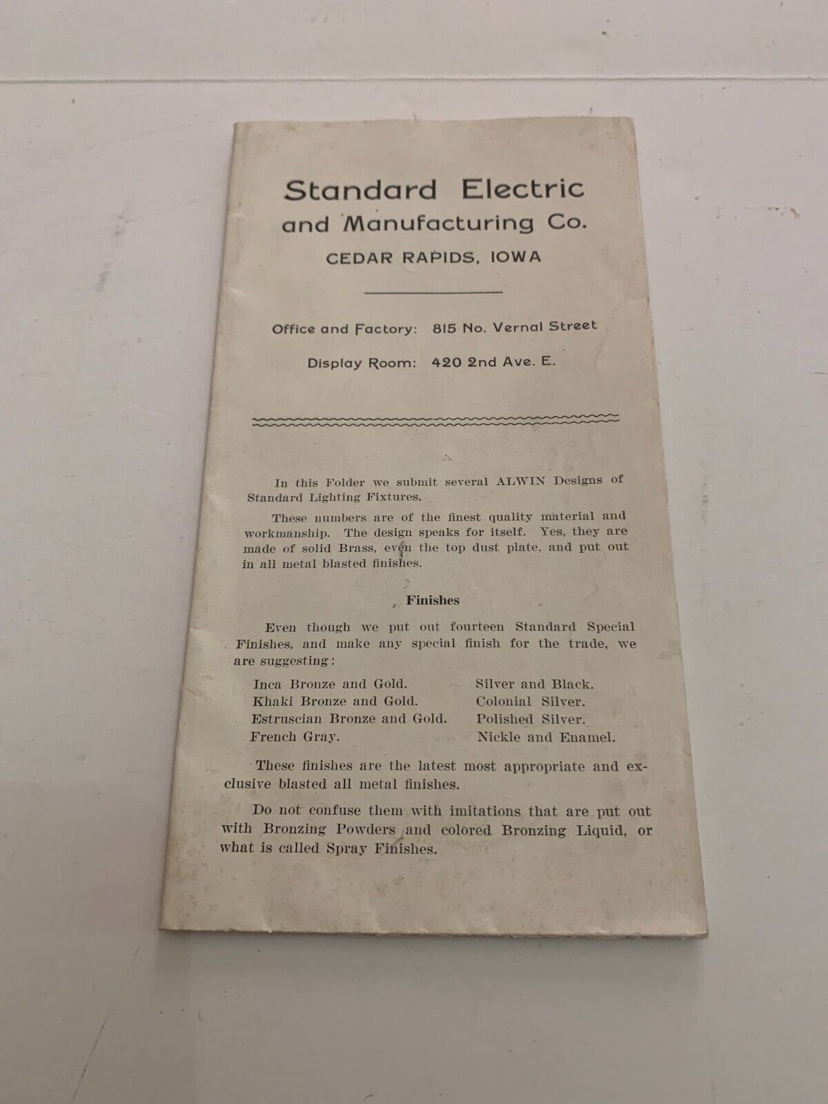 c. 1920's Standard Electric Cedar Rapids Iowa Lighting Brochure Catalog