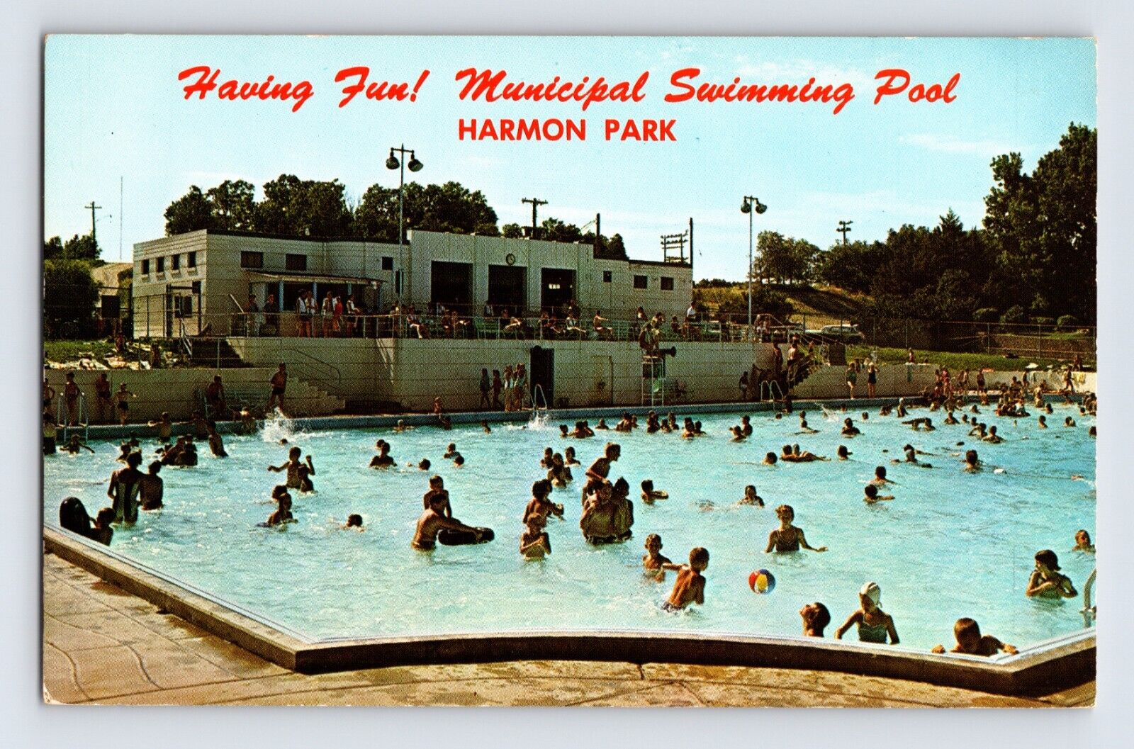 Postcard Nebraska Kearney NE Harmon Park Swimming Pool 1960s Unposted Chrome