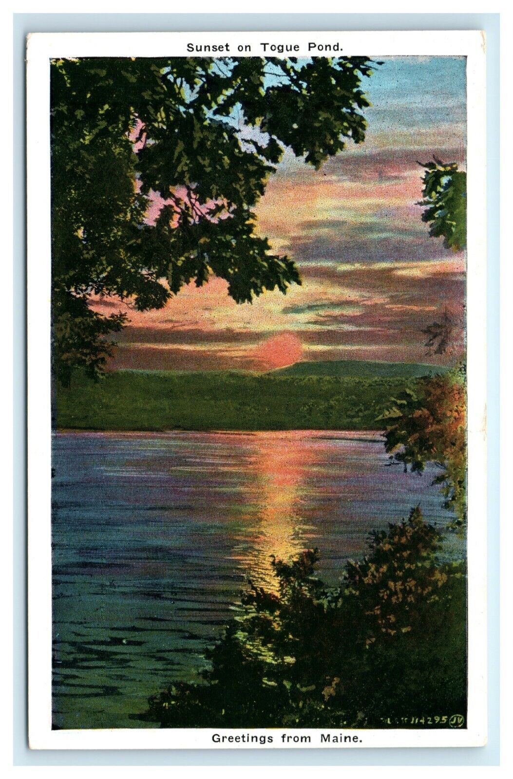POSTCARD Greetings From Maine Evening on Togue Pond Colored Sky Sunset