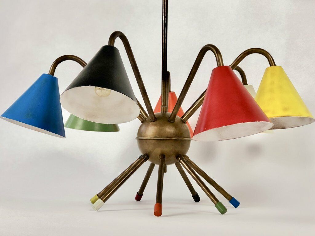 1950\'s Italian Atomic 7 light chandelier Colorful Stilnovo Style Ceiling Lights