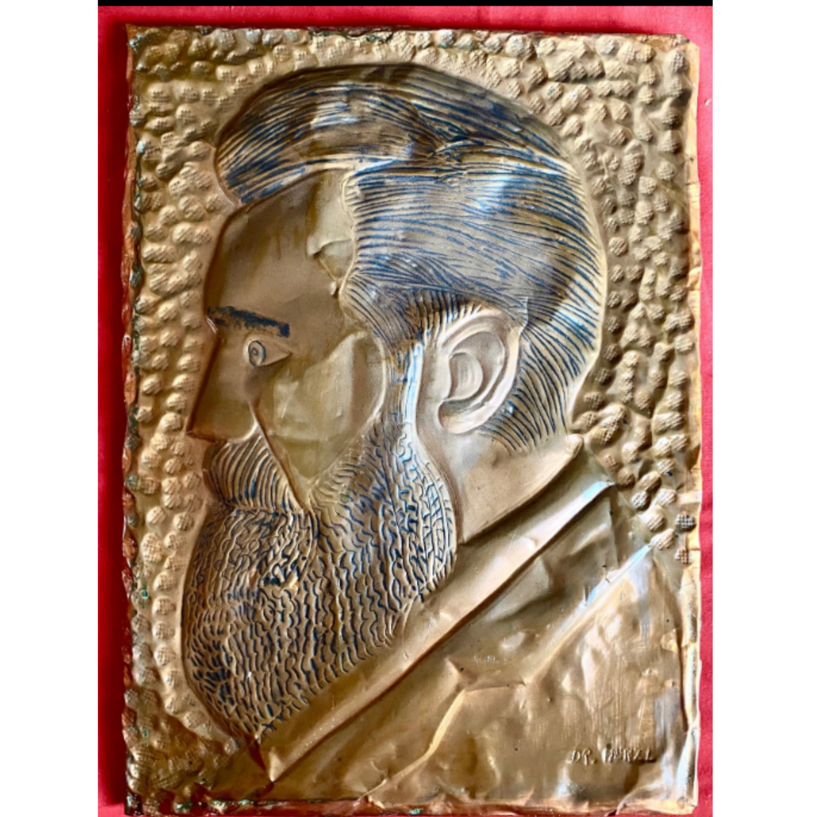 Antique Embossed Copper Plaque of Dr. Theodor Herzl, Founder of the Zionist Move