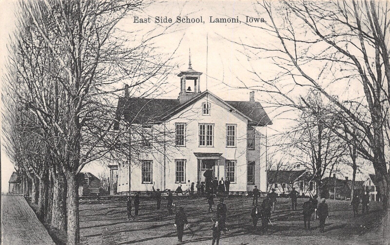 Lamoni Iowa~East Side School~Belfry~Students in Yard~Houses~1908 B&W Postcard
