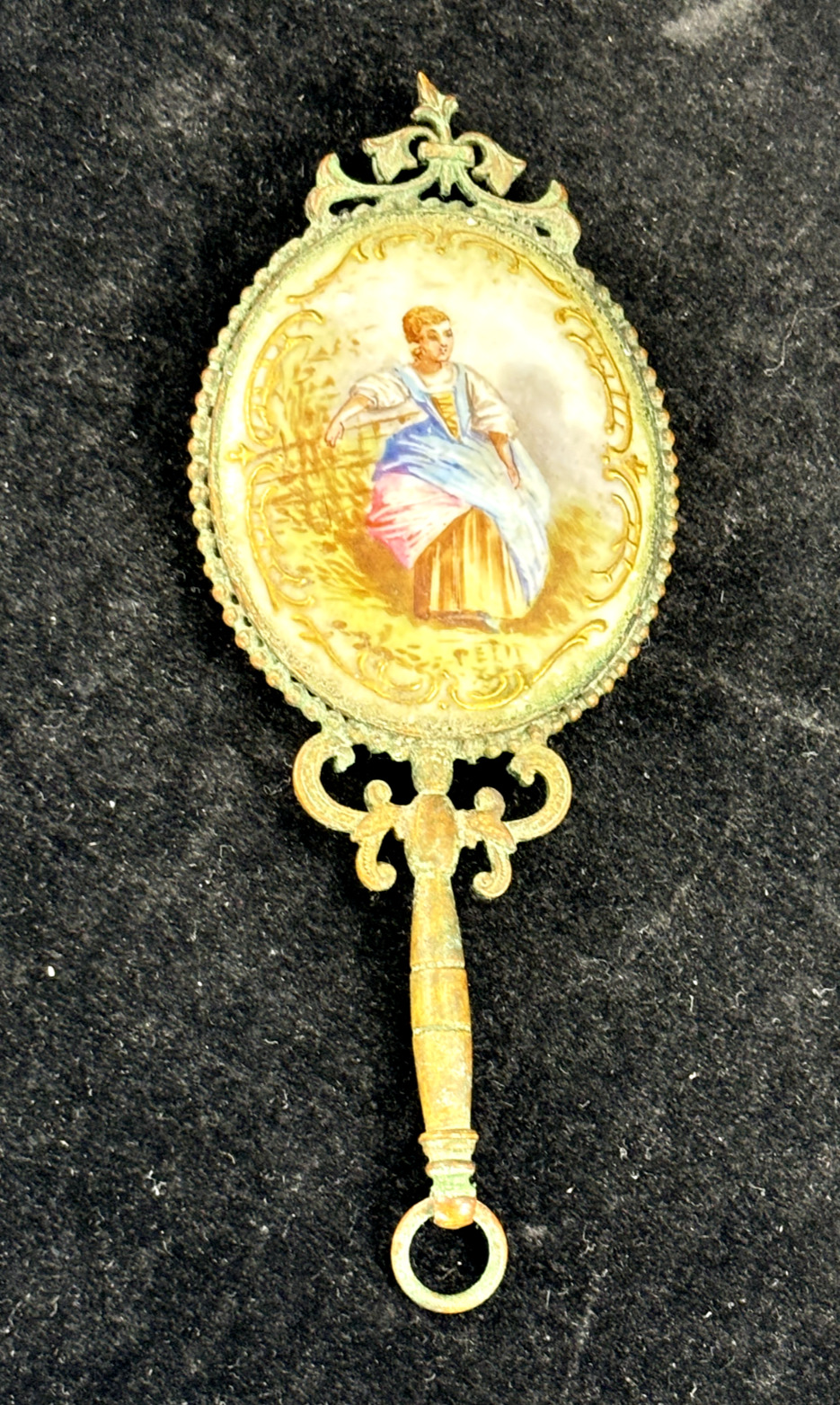 Antique Miniature Hand Mirror - Hand Painted Porcelain Beveled Mirror Chatelaine