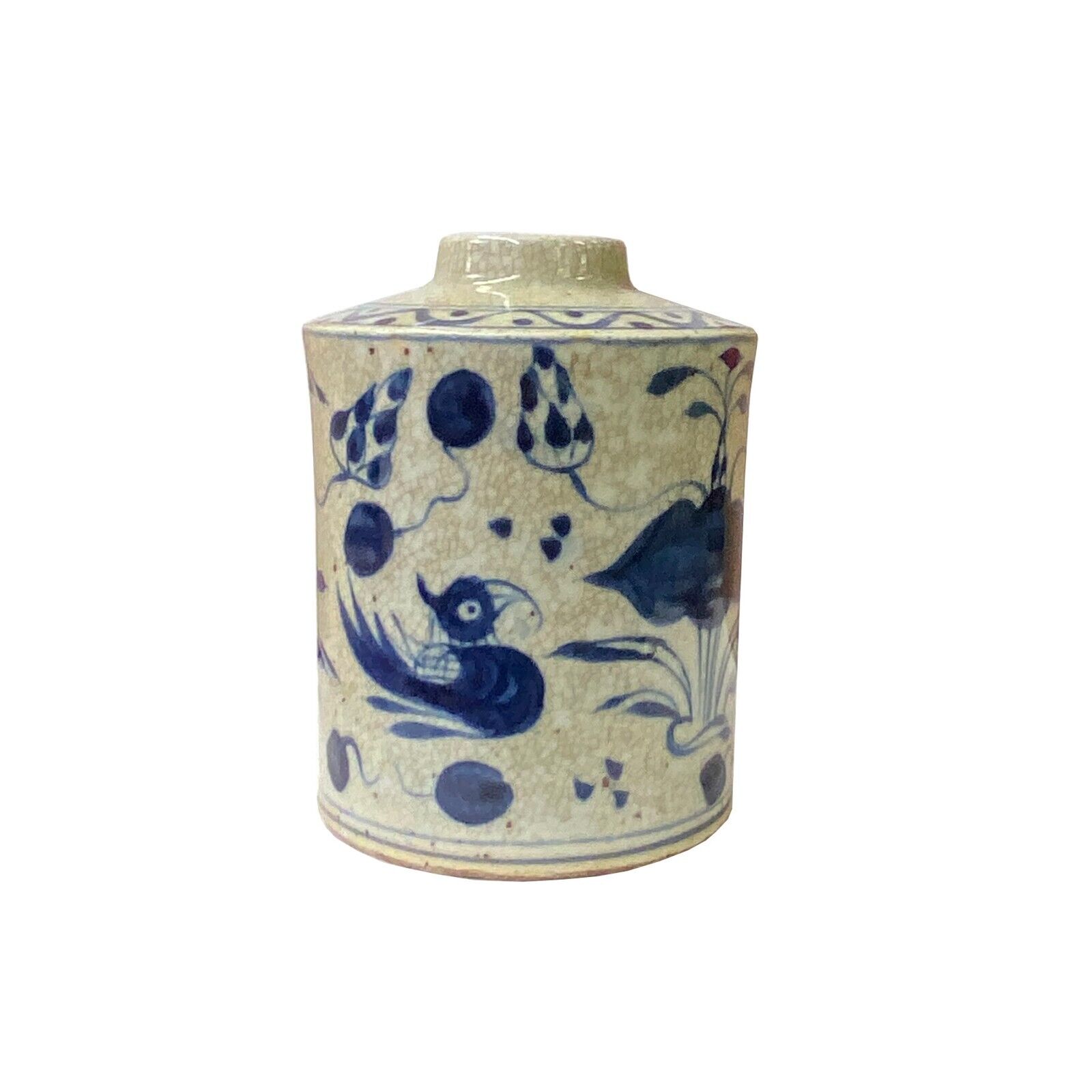 Chinese Distressed Beige Tan Porcelain Blue Birds Graphic Vase ws2842