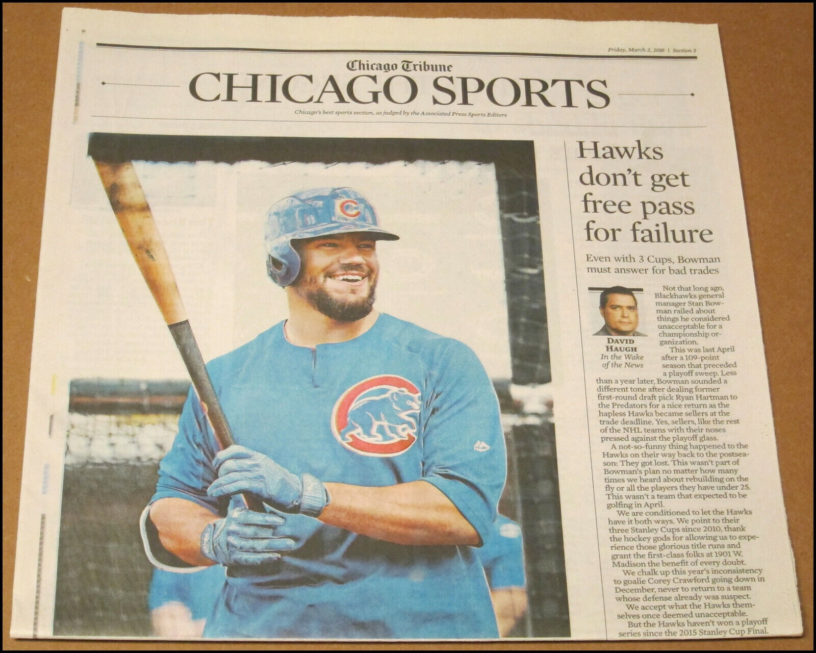 3/2/2018 Chicago Tribune Newspaper Sports Kyle Schwarber Cubs Mitchell Trubisky