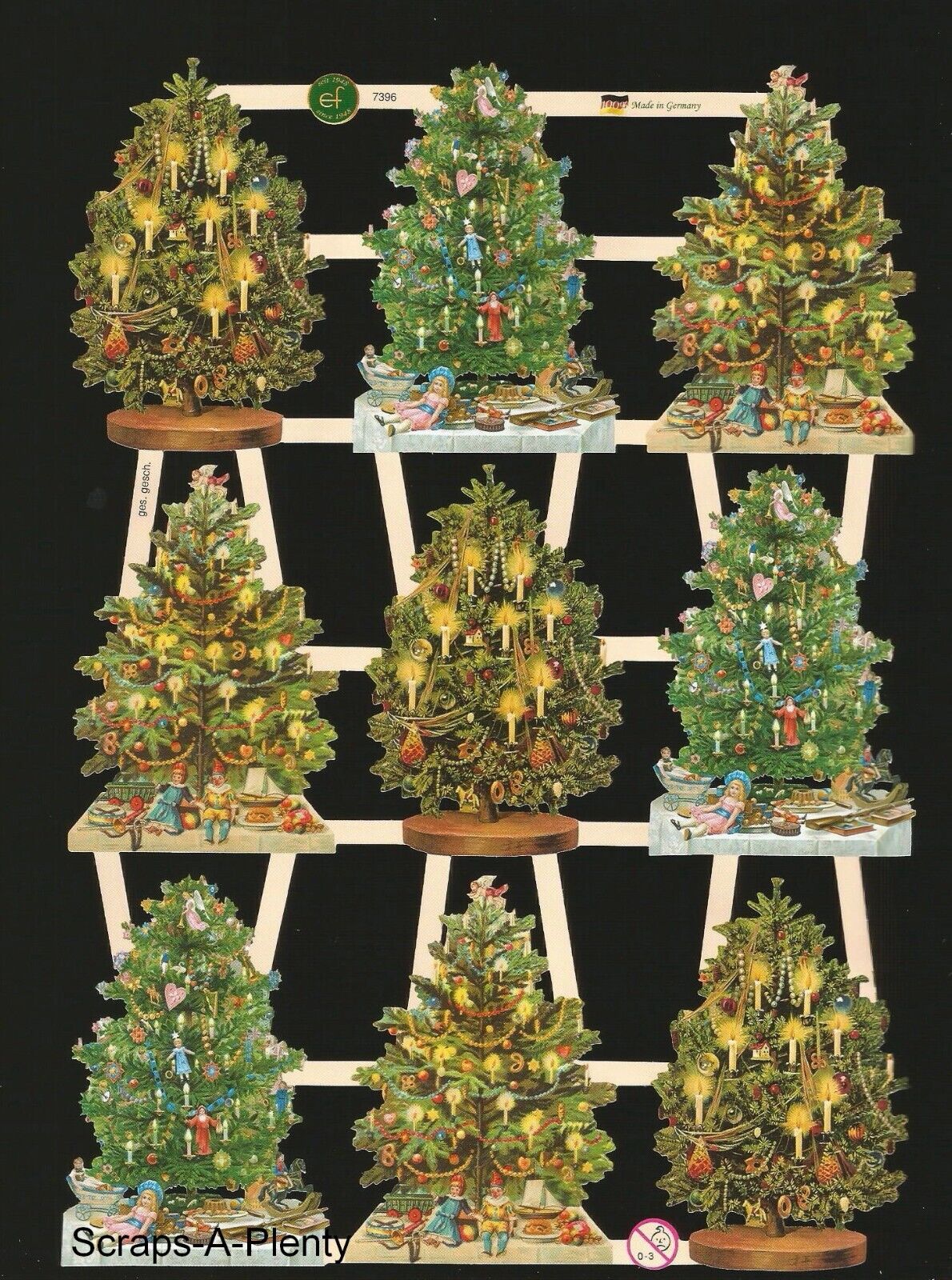 German Embossed Vintage Style Scrap Die Cut - Colorful Christmas Trees  EF7396