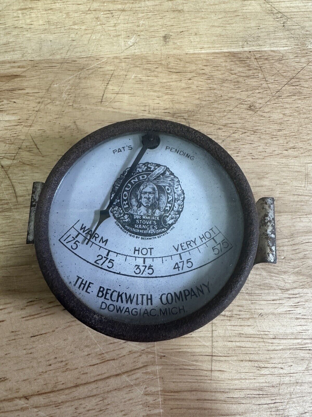Antique 1915 Beckwith Company Round Oak Stove Heat Gauge Doe Wah Jack