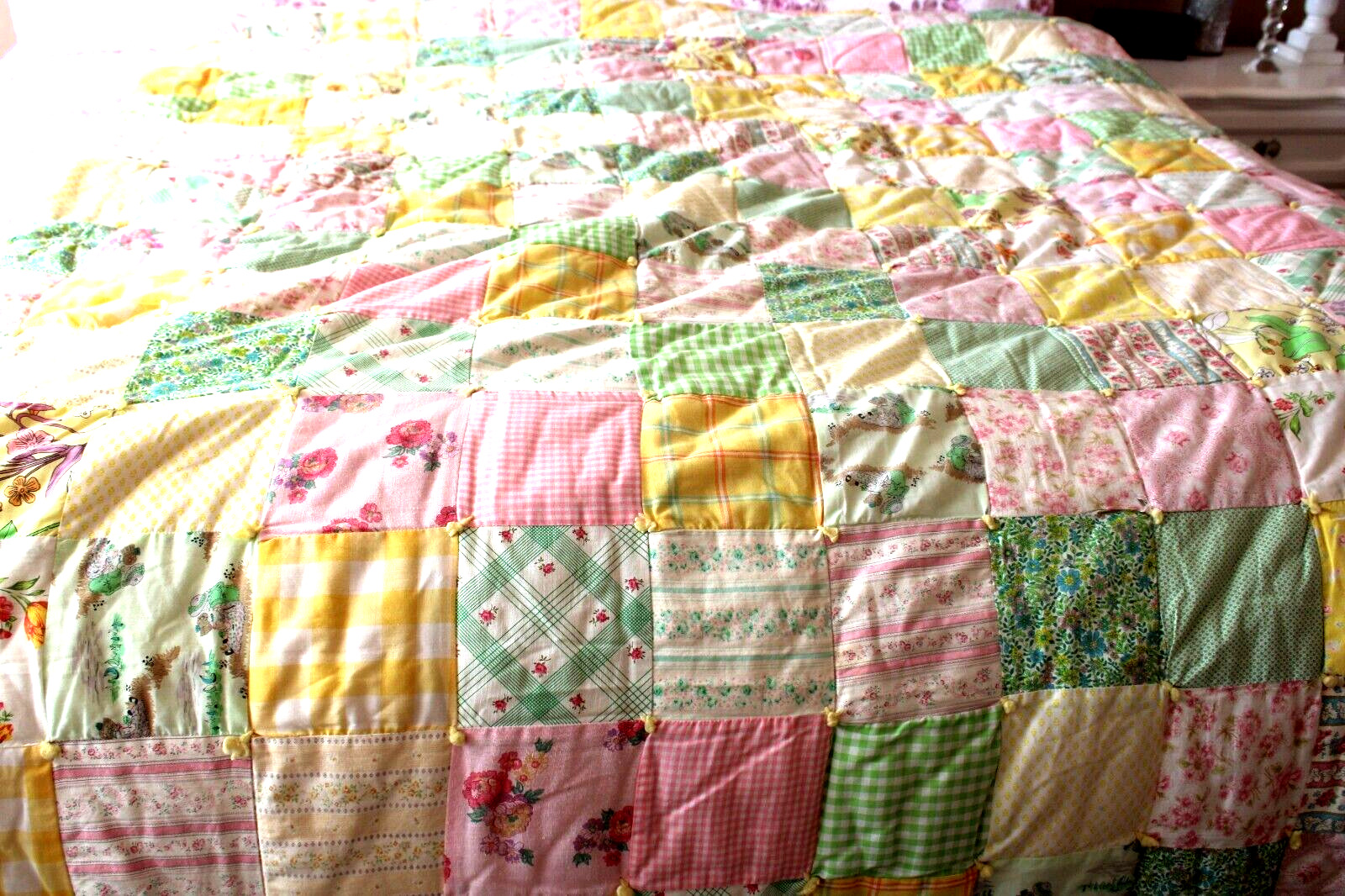 Vintage Handmade Twin Quilt Patchwork Yellow Polka Dot 96 x 67 Hand Tied