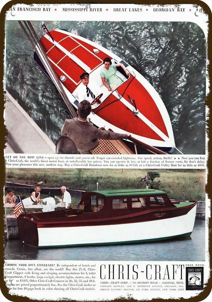 1937 CHRIS-CRAFT Clipper & Runabout Wood Boat DECORATIVE REPLICA METAL SIGN