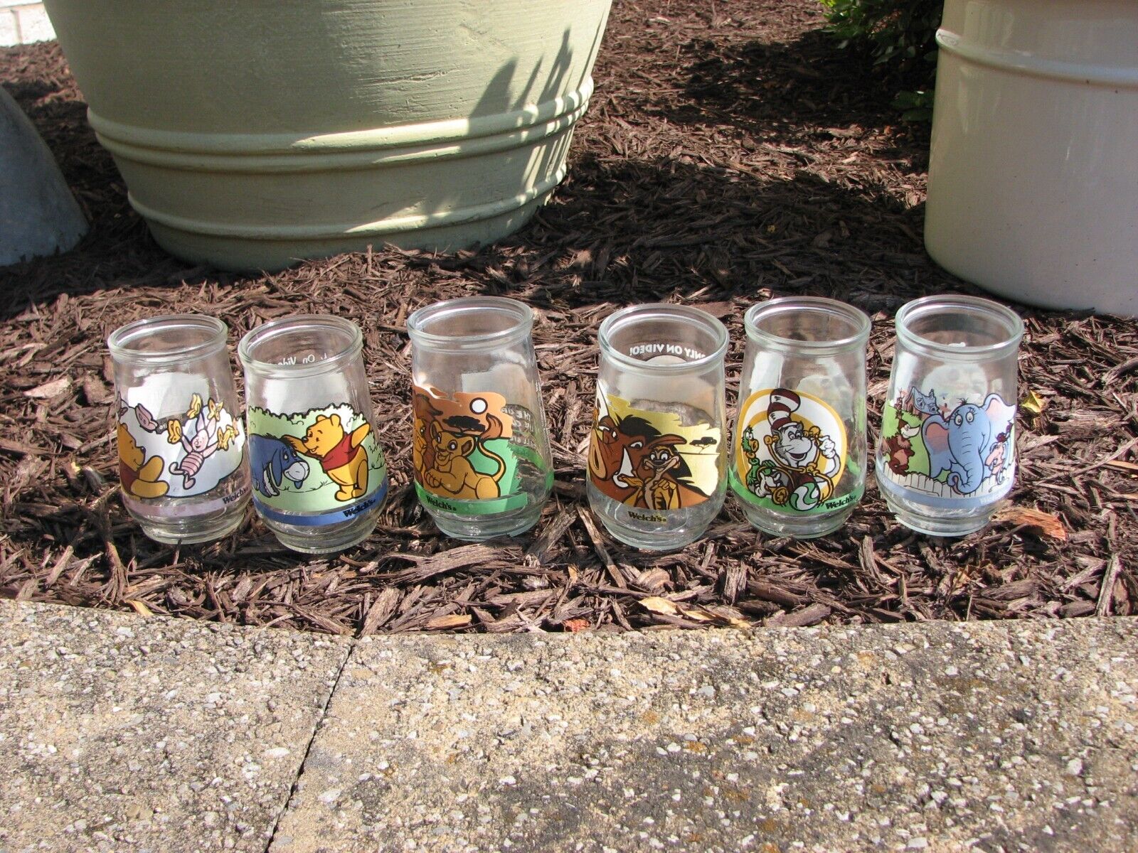 6 Vintage Welch’s Jelly Glasses Disney Lion King, Pooh, & Seuss