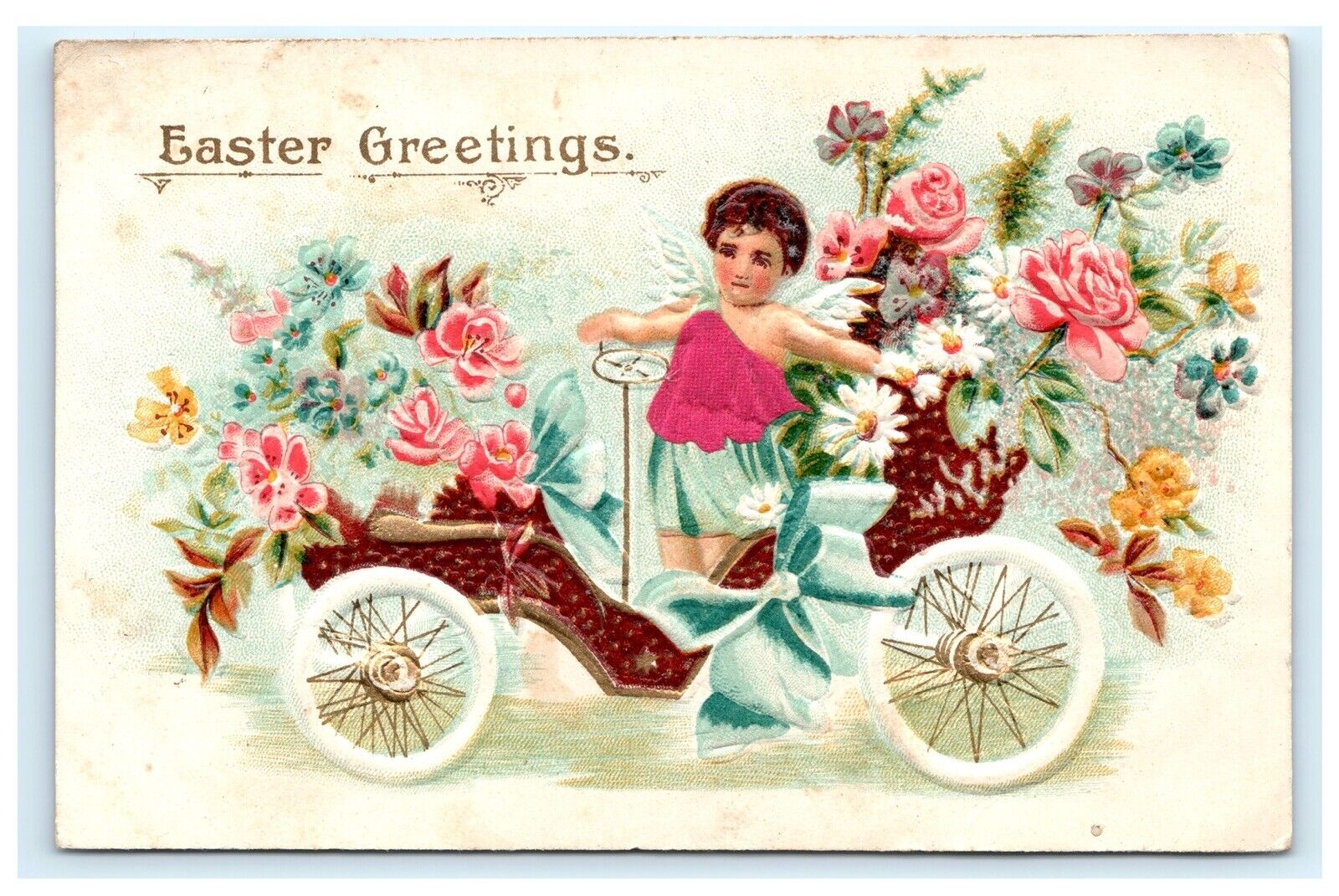 Embossed Easter Postcard Child in Antique Auto Car 1908 Flowers C7
