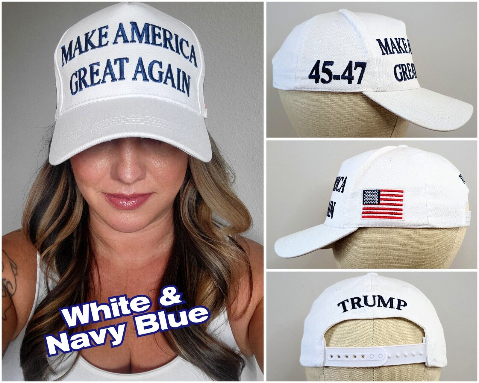 White & Navy Blue Official Trump 45-47 Make America Great Again 2024 MAGA Hat