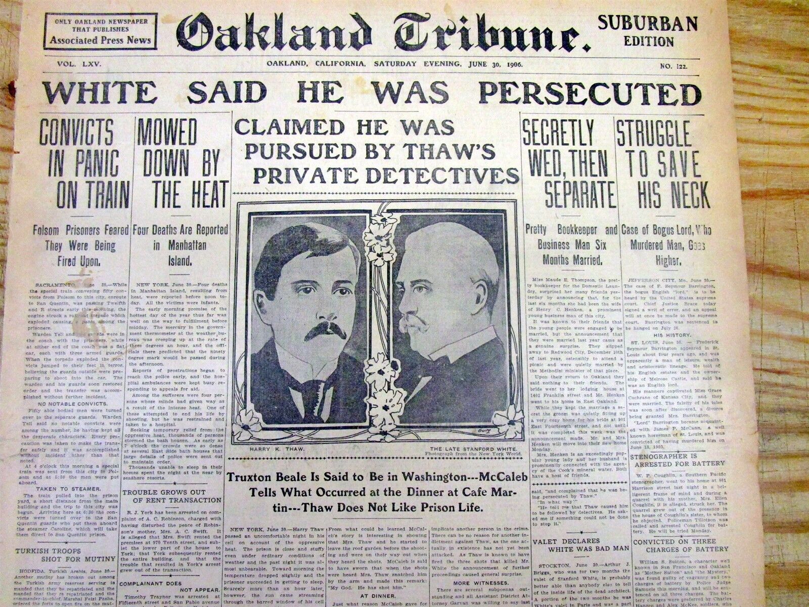 1906 newspaper HARRY THAW MURDERS STANFORD WHITE over his lover EVELYN NESBIT