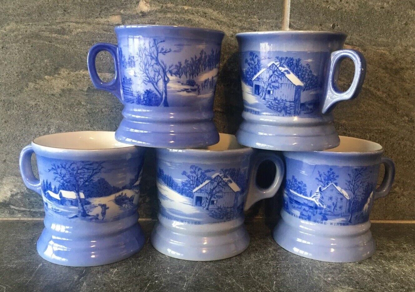 Currier & Ives The Homestead Winter 5PC Mugs JAPAN Vintage Blue & White EUC