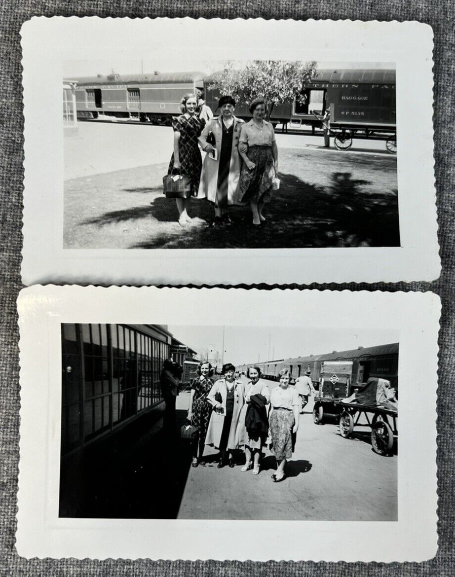 2 Snapshot Photos - 1940s Women at Train Station, Southern Pacific Railroad