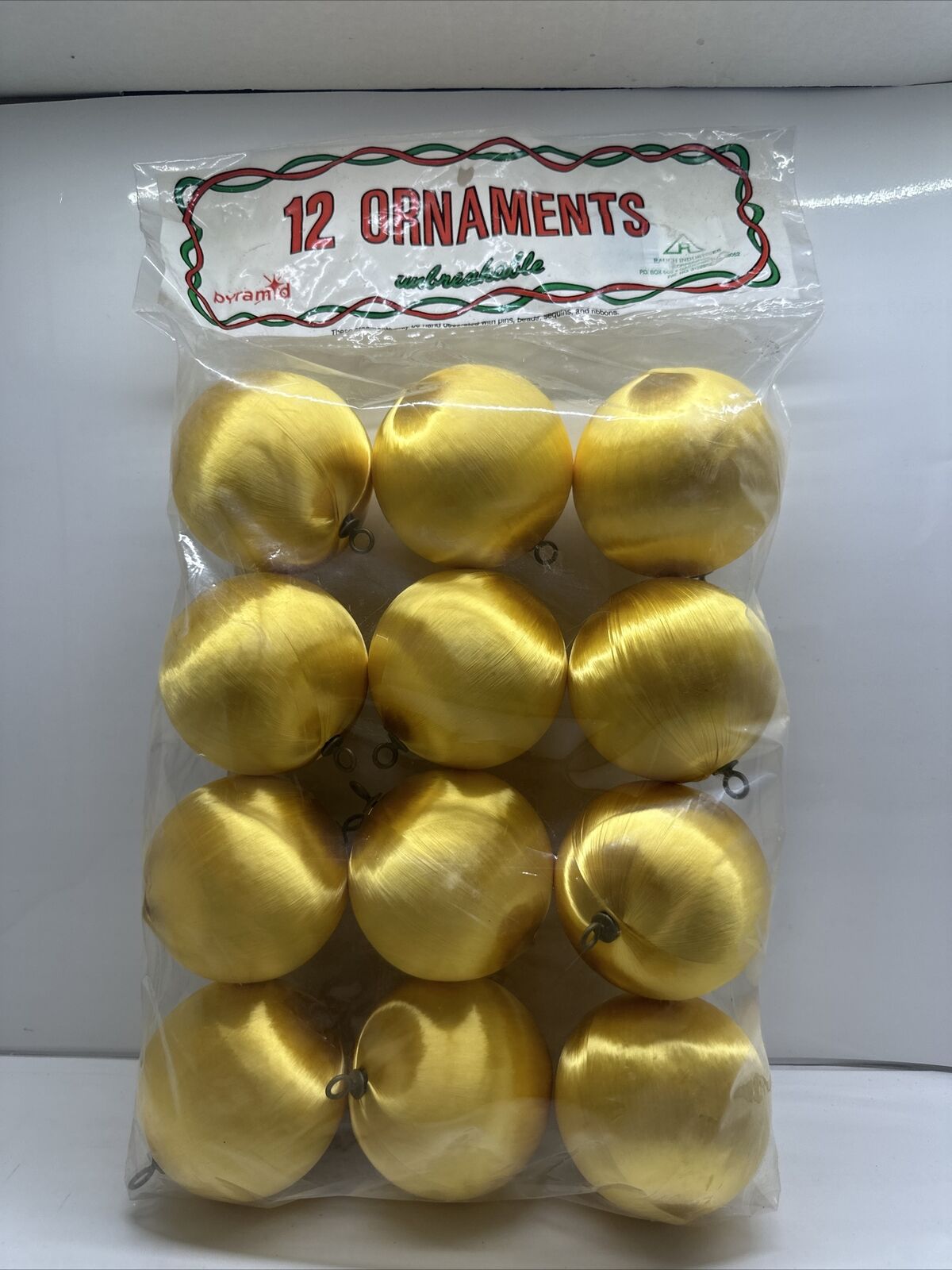 12 Unbreakable GOLD Satin Sheen Ball Christmas Tree Ornaments 3” Vintage