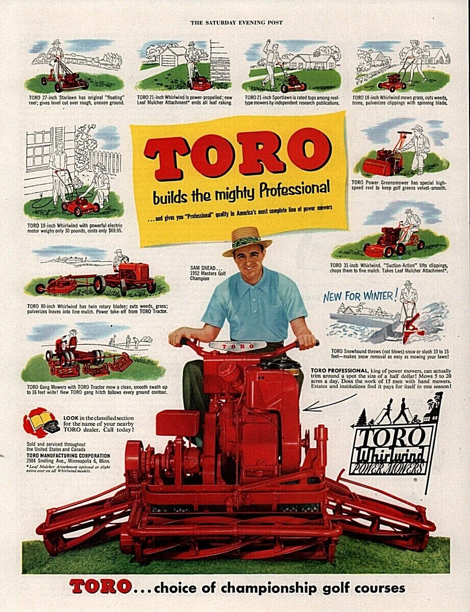 1953 a Toro Pro Lawn Mower Sam Snead Golf Print Ad
