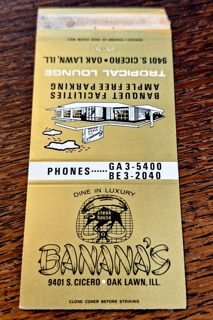 Vintage Matchbook: Banana\'s Steak House Restaurant, Oak Lawn, IL