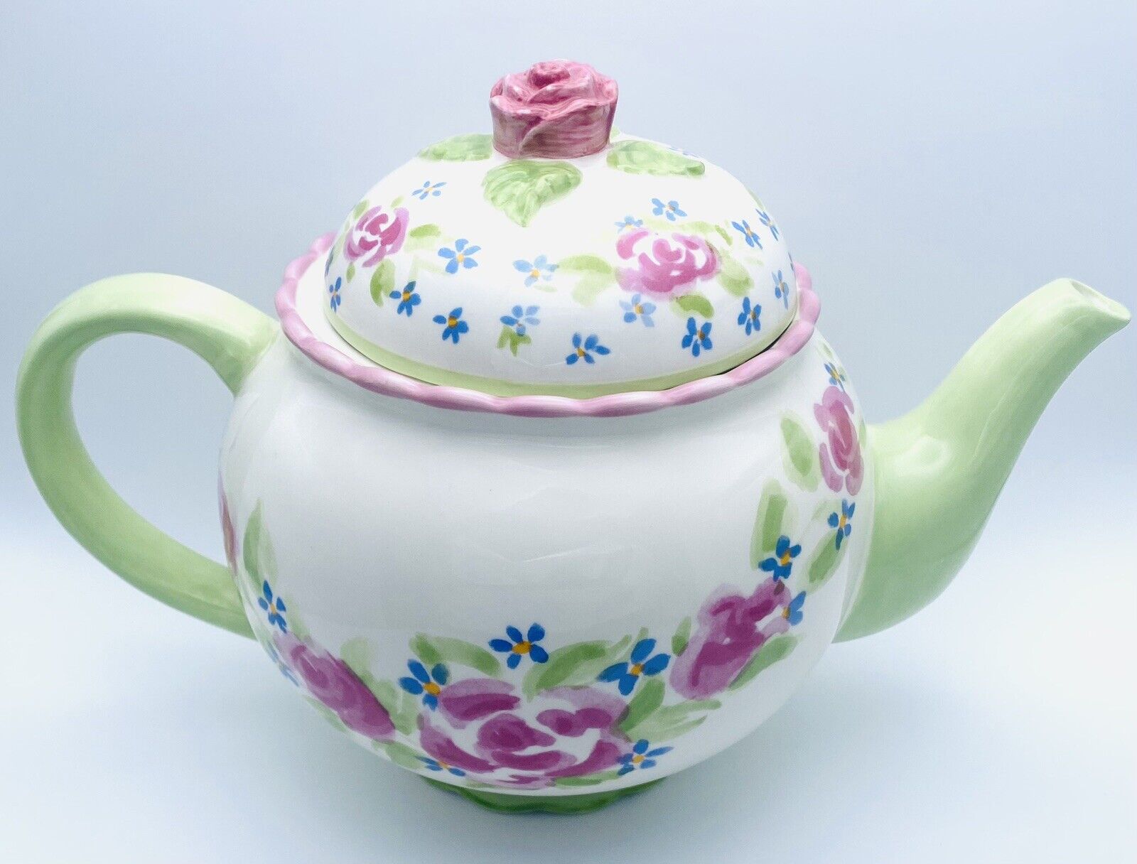 Floral Porcelain Teapot 1 Quart Kate Williams Global Design Roses Green Leaves