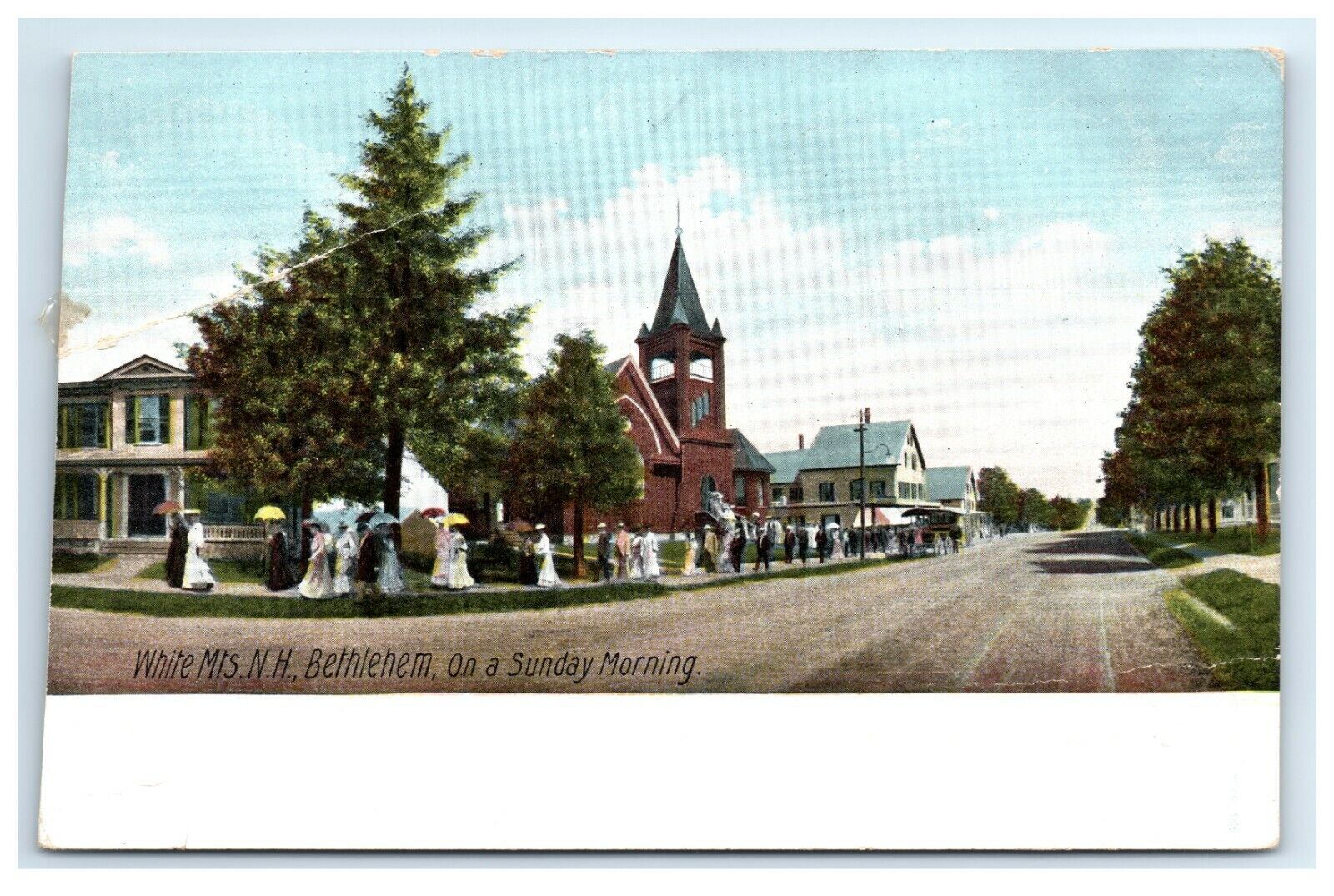 Postcard White Mts, NH Bethlehem, on a Sunday Morning *repaired* F16