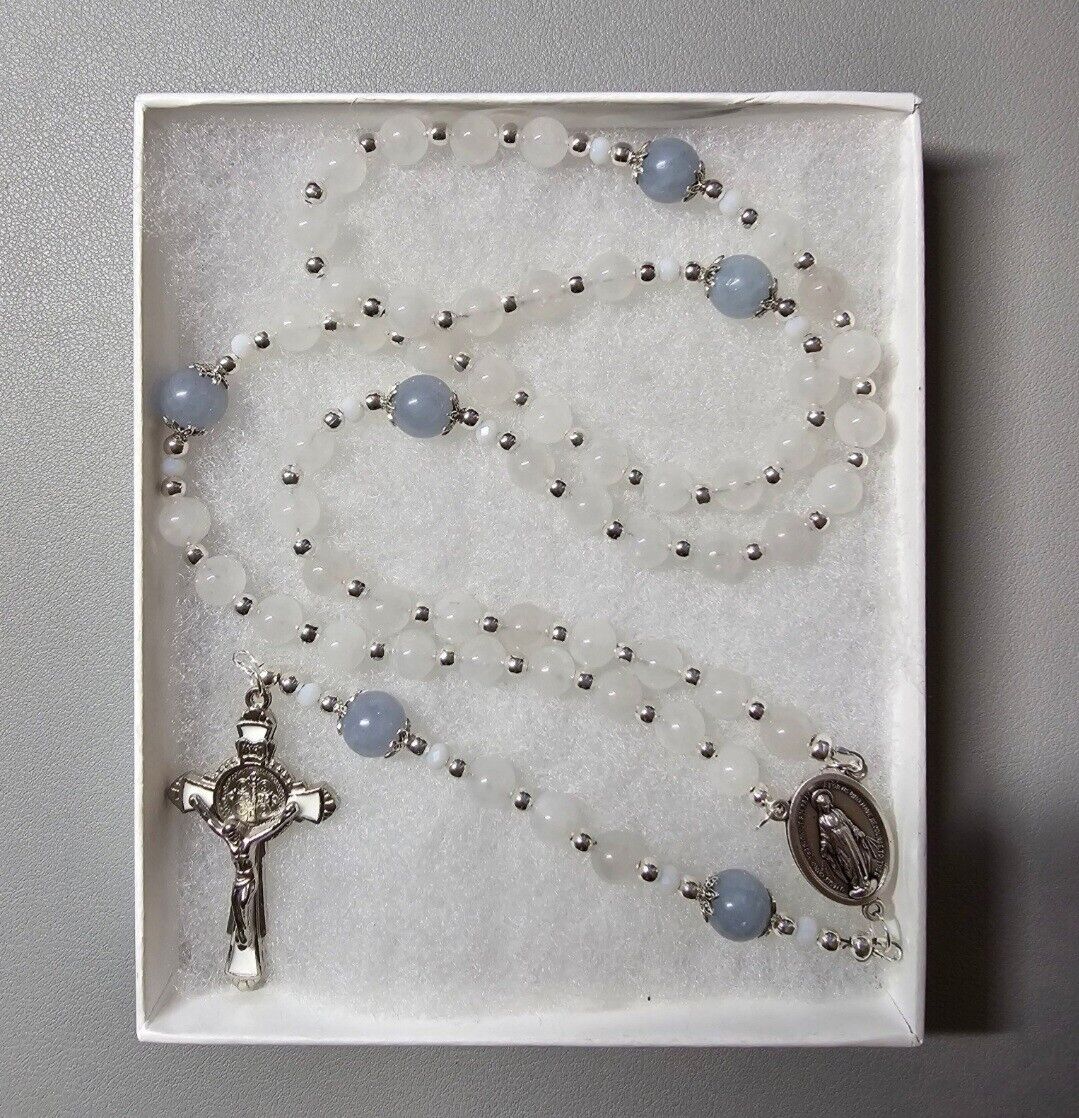 Large One Of A Kind Hand Crafted Rosary Made With White Jade And Aquamarine
