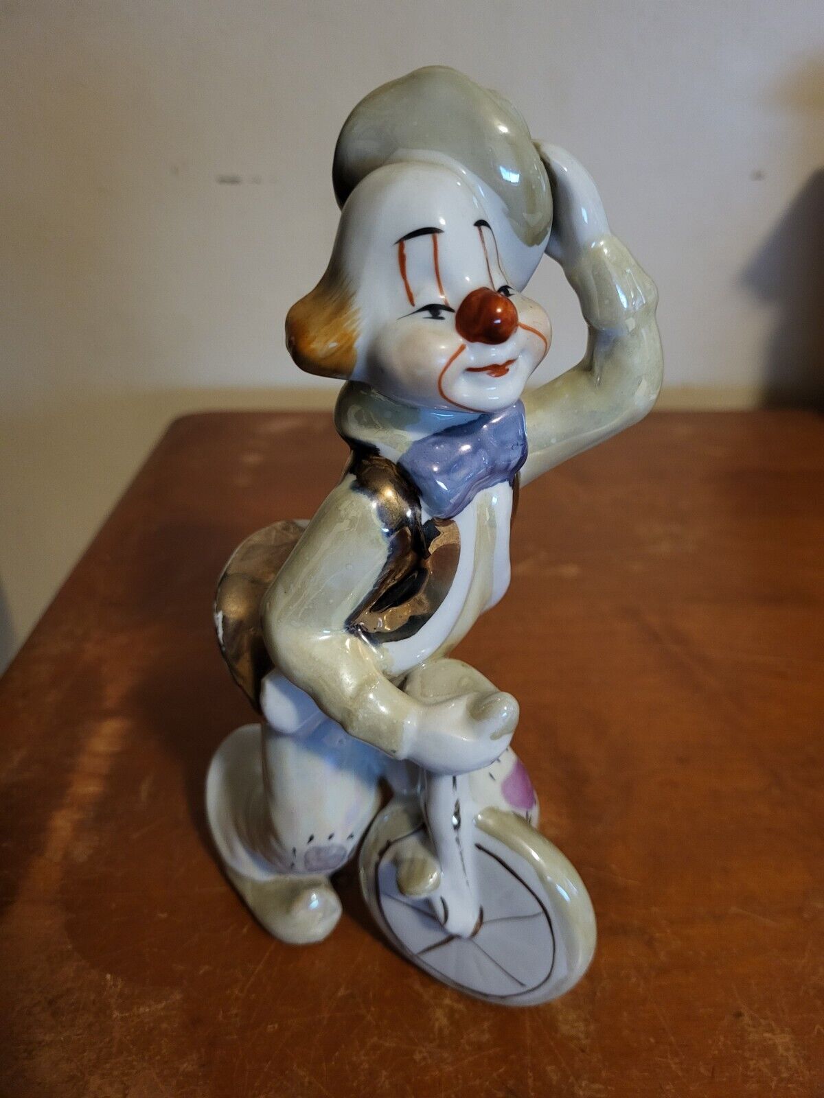 Clown on Unicycle Porcelain Figurine Vintage 8 inches