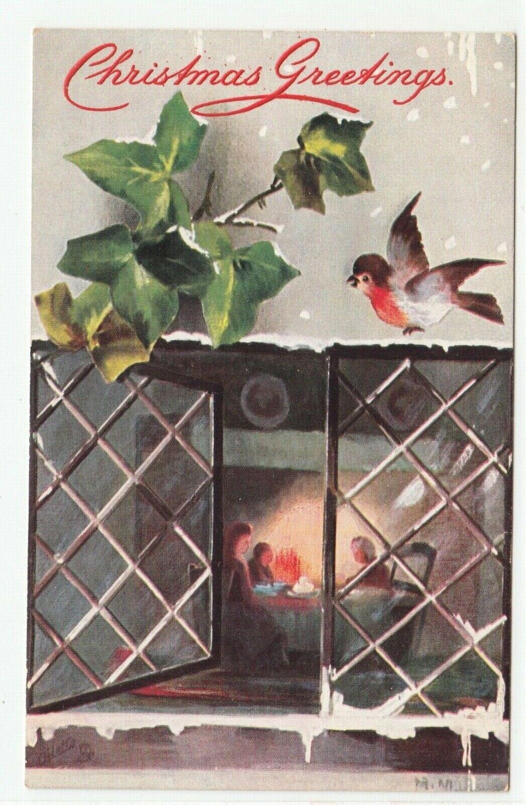 Tuck Christmas Postcard Family Dinner Robin Bird Artist Signed MM Oilette 8418