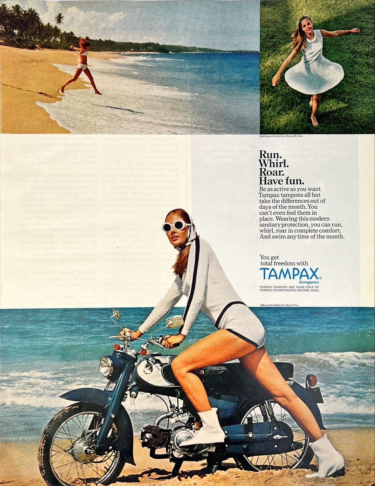 1960s Tampax Tampons Full Page Vintage Color Print Ad Woman On Motorcycle