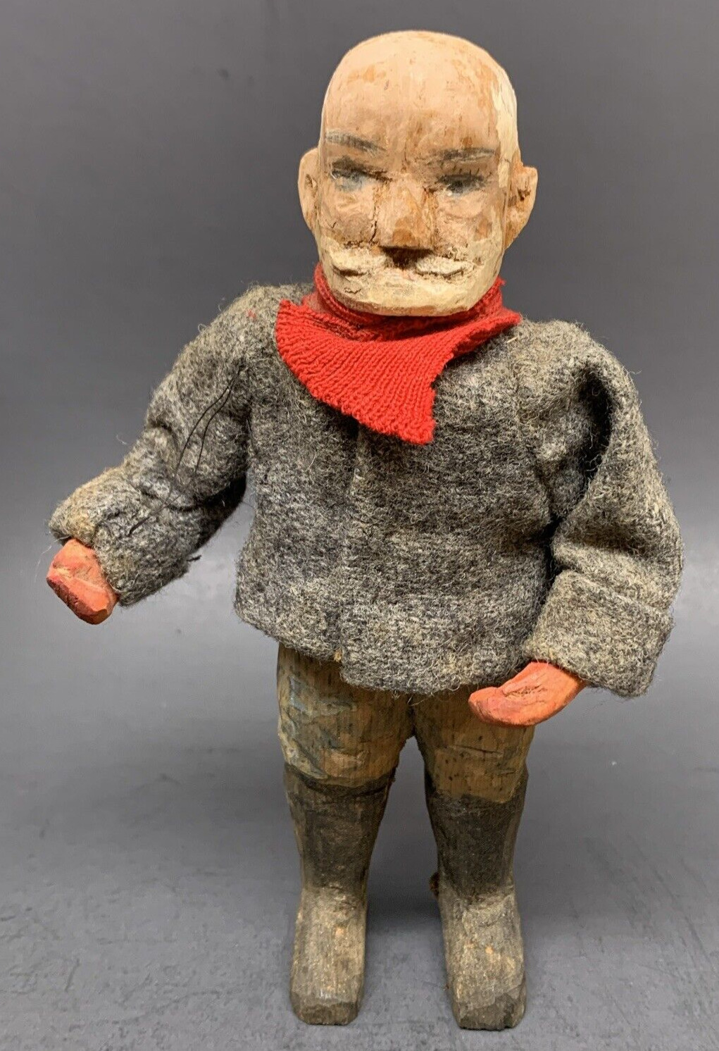 Old Man Sailor w/Gray Wool Jacket and Red Scarf Wooden Hand Carved Doll 6.75\