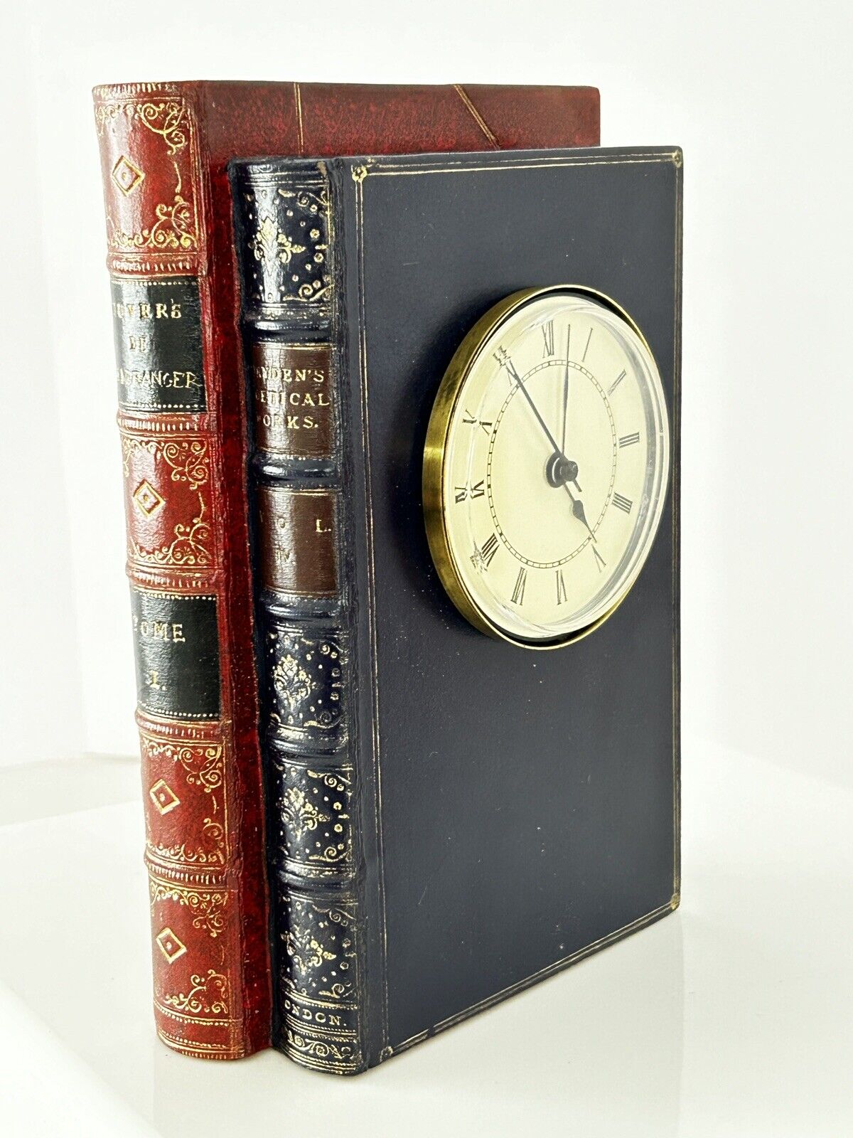 Maitland Smith Look Desk or Shelf Clock within Tooled Leather Books