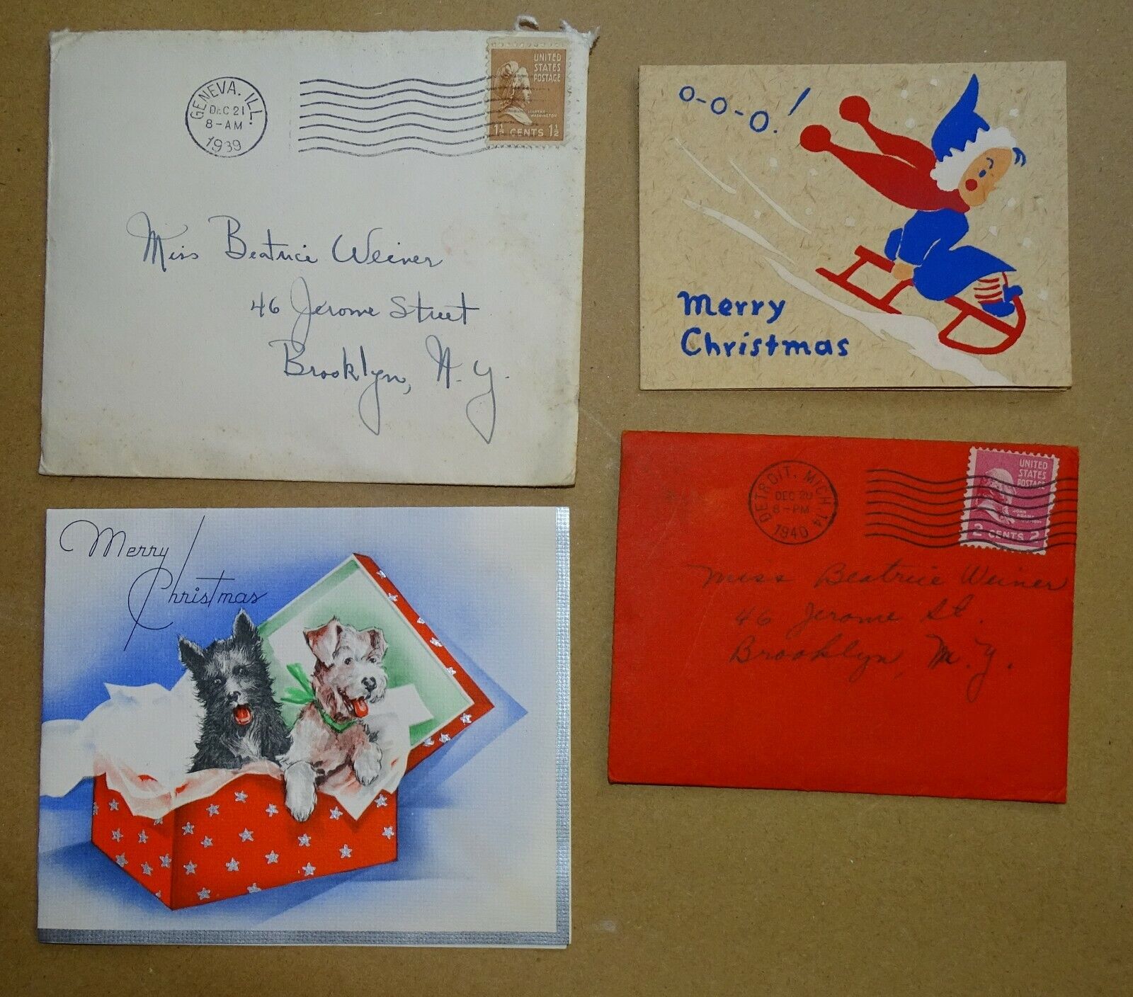 2 Christmas Cards in postal envelopes 1939-1940 to Brooklyn (Dogs, girl on sled)