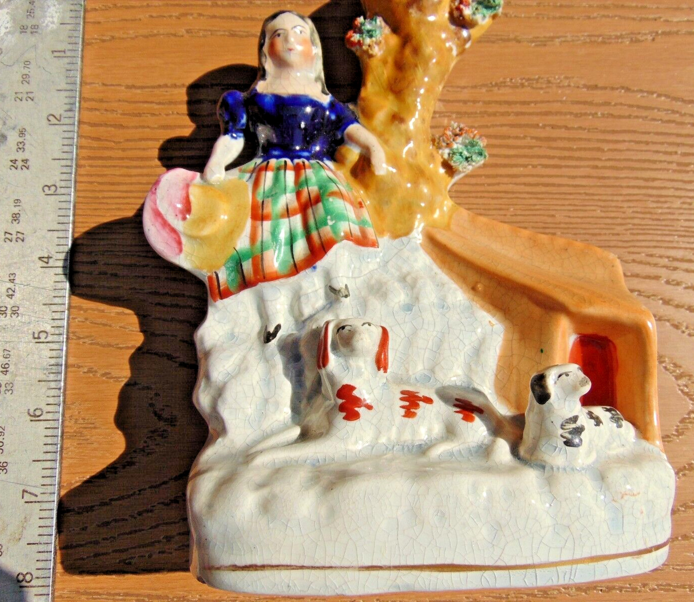 VICTORIAN ENGLISH STAFFORDSHIRE FIGURINE GIRL WITH DOGS