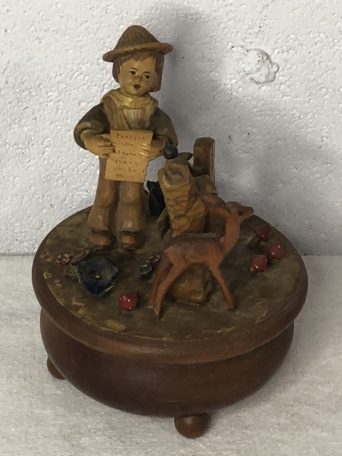 Vintage ANRI Carved Wood Boy Deer Bird  Music Box Thorens Whistle While You Work