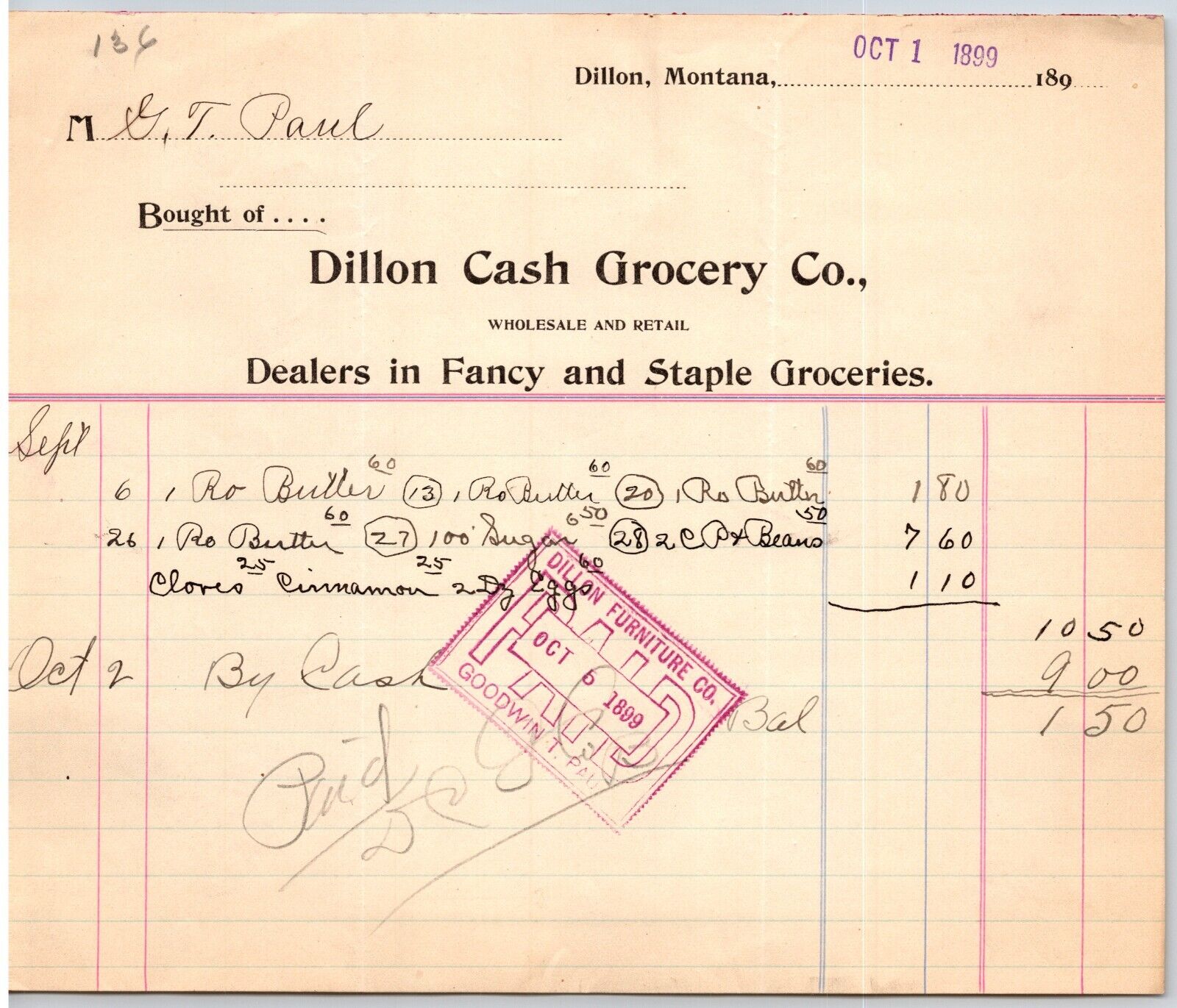 Dillon, MT Dillon Cash Grocery Co Fancy Groceries Oct 1 1899 Billhead G.T. Paul*