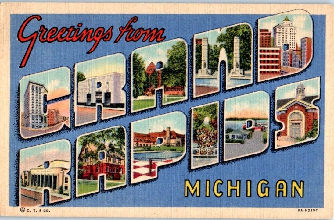 1938 Large Letter Greetings from Grand Rapids Michigan Postcard