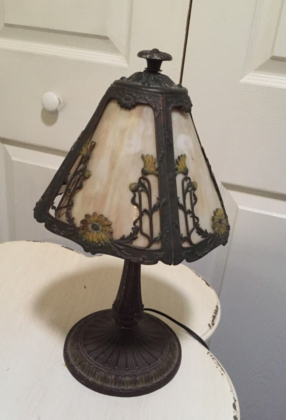 Antique VINTAGE Signed Rainaud Slag Glass Lamp Crafts Deco Era RESTORATION
