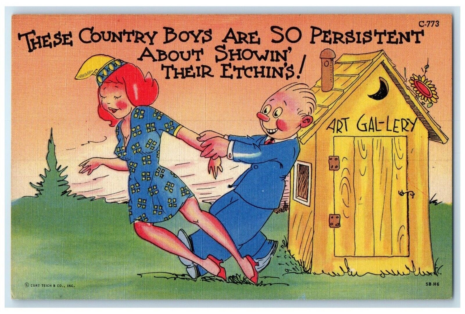 c1930's Man Pulling Woman Art Gallery Boys Are So Persistent Vintage Postcard