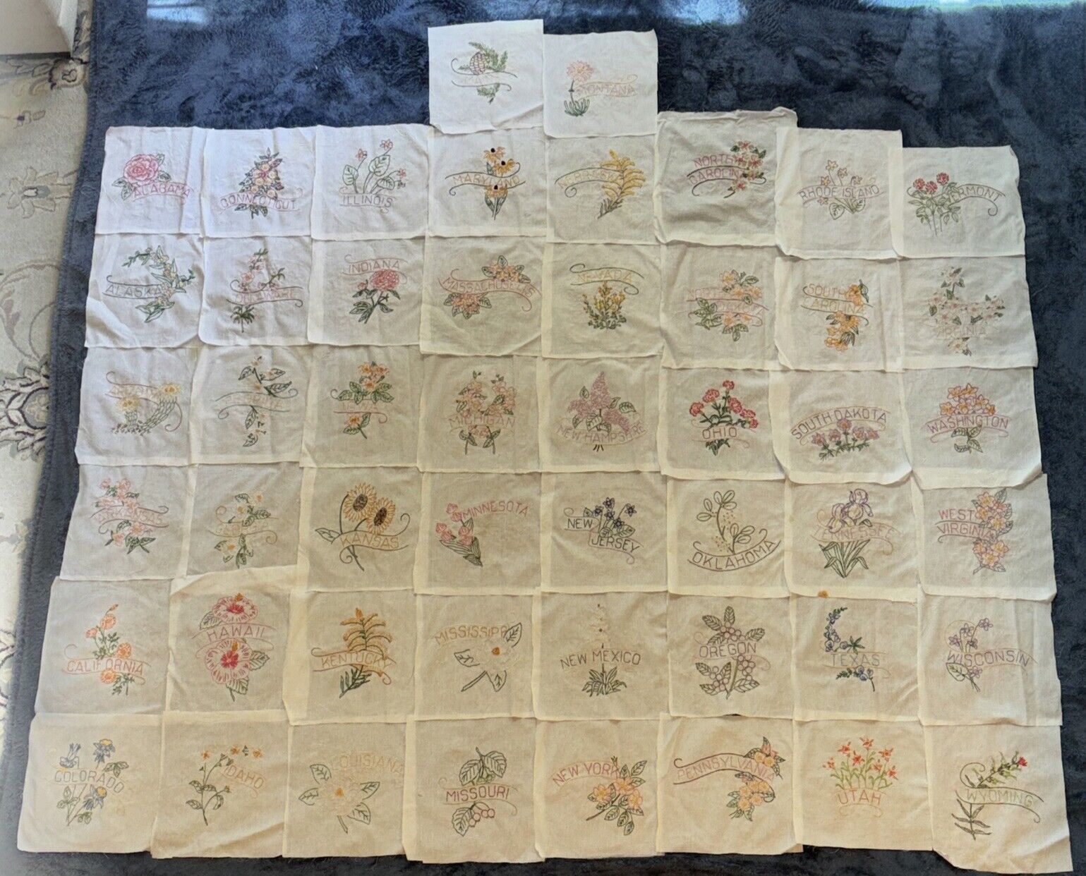 VTG  Hand Stitched Embroidered 50 State Flower 10\