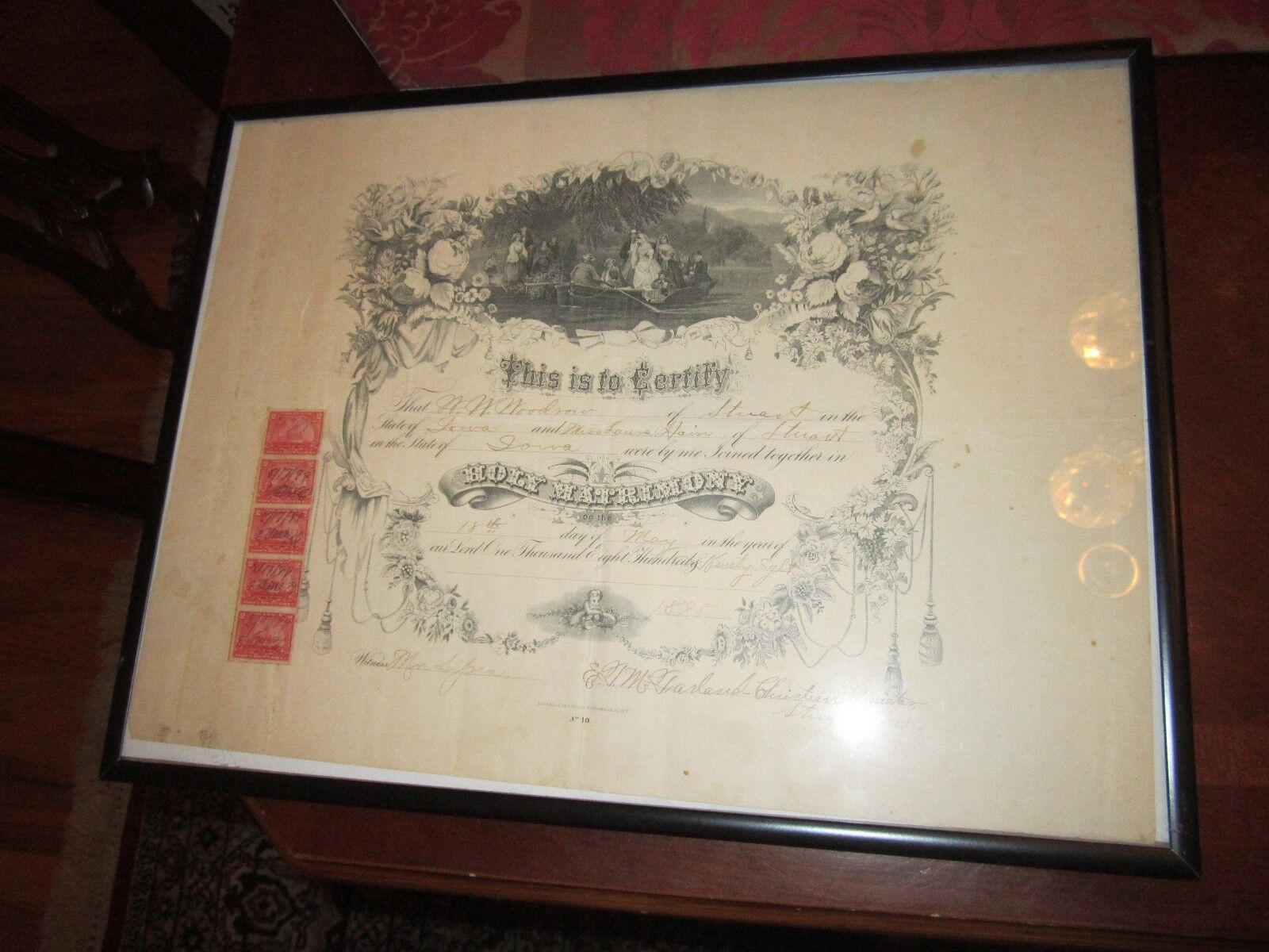 1898 MATRIMONY MARRIAGE LICENSE WITH 5 DOCUMENTARY STAMPS ATTACHED - FRAMED