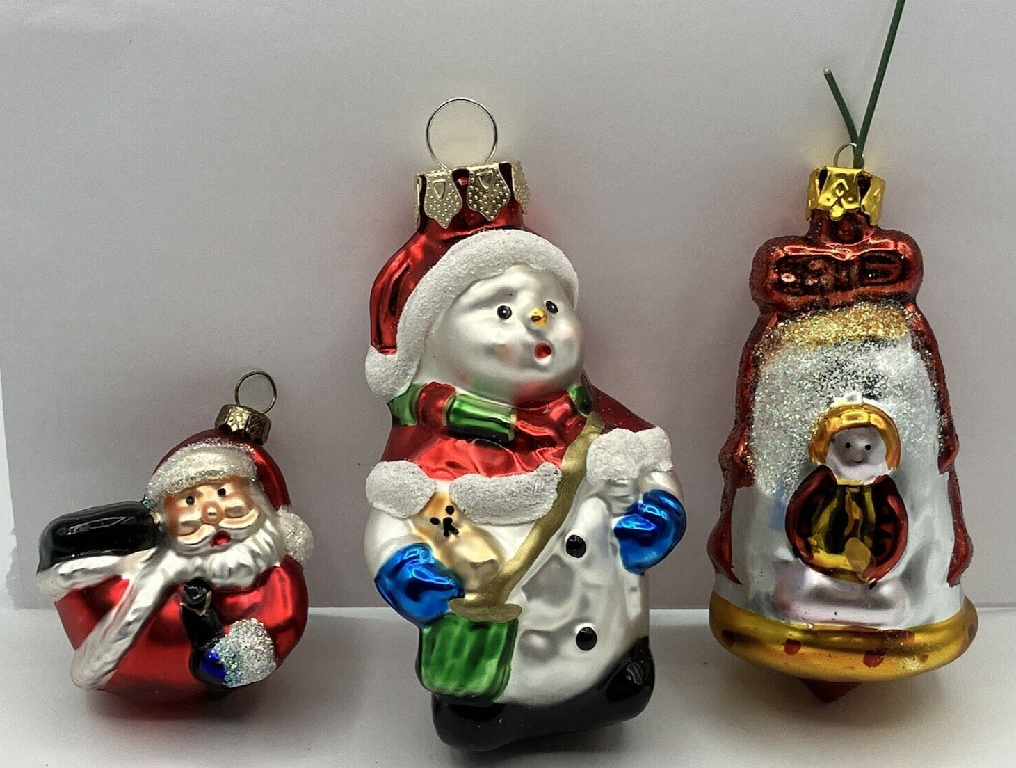 3-Small Vtg Blown Glass Snowman Christmas Ornament Hand Painted Glitter Santa