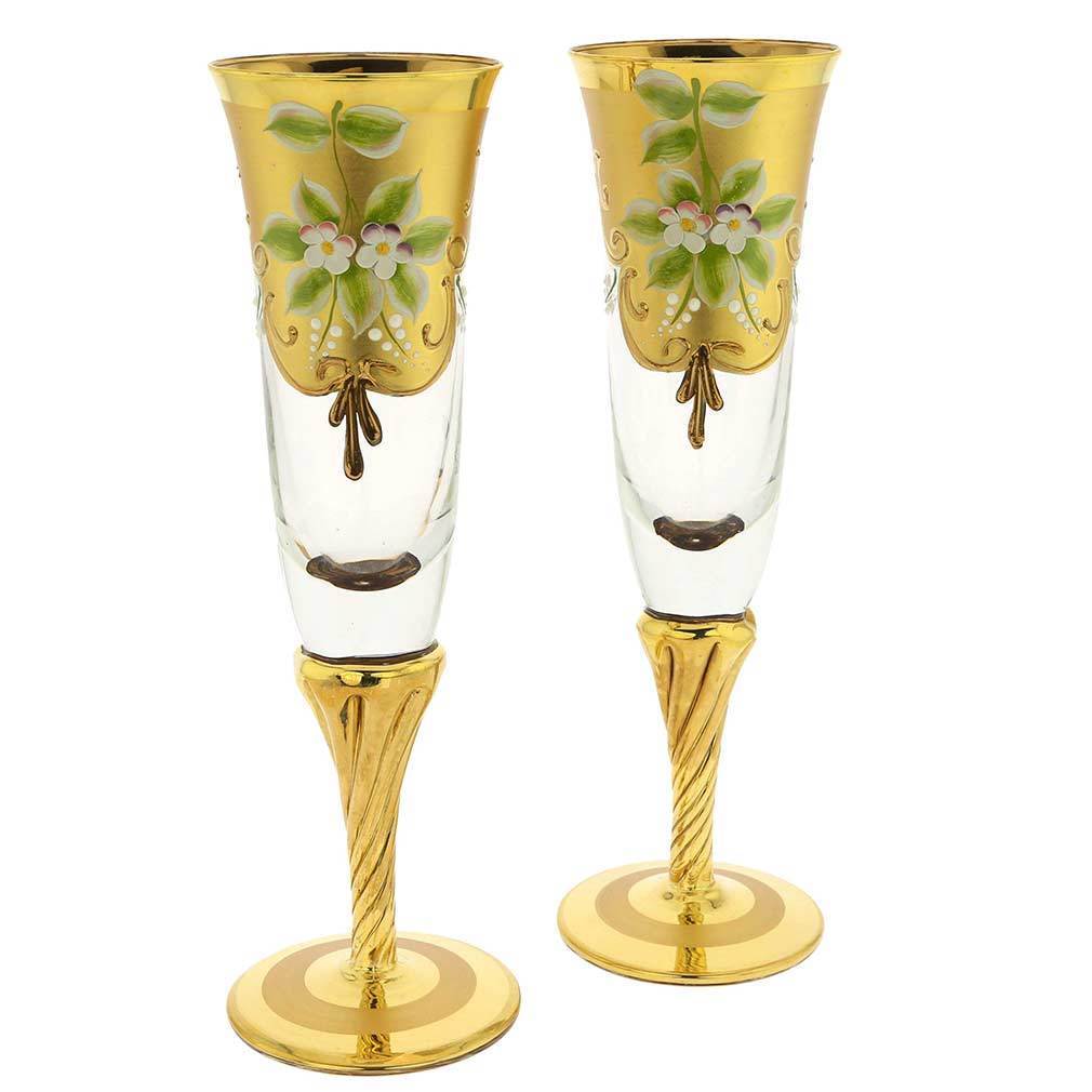 GlassOfVenice Set of Two Murano Glass Champagne Flutes 24K Gold Leaf - Transpare
