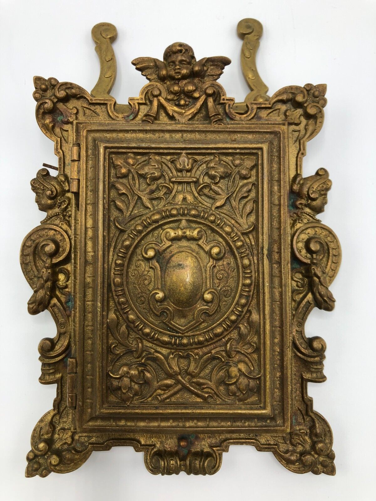 Antique Cast Brass Victorian Rococo Baroque Repousse Covered Frame Cherub Angel