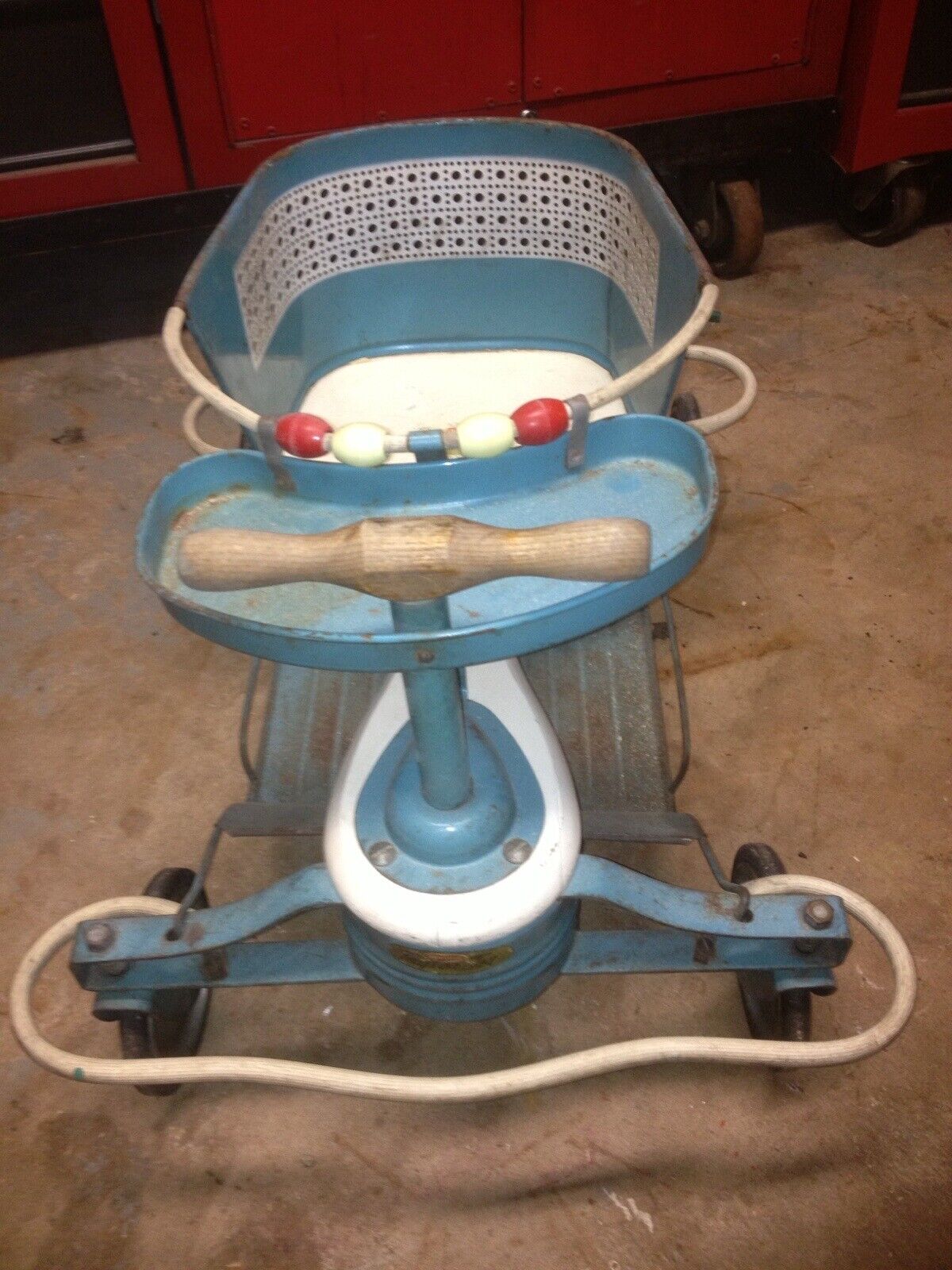 Original Vintage 1950s Taylor Tot Baby Stroller Walker Blue/White Wood Metal